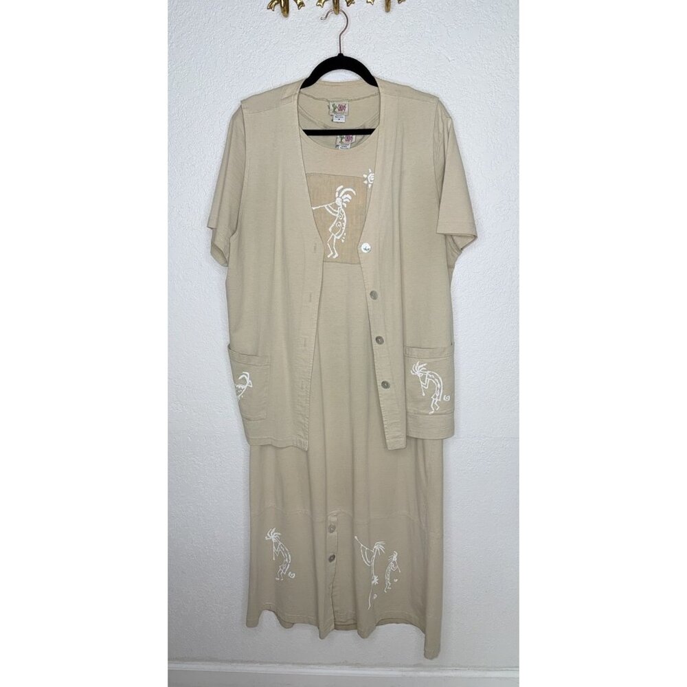 VTG Cactus California 2 Pc Set Tan Cotton Vest Maxi Dress Medium Kokopelli N